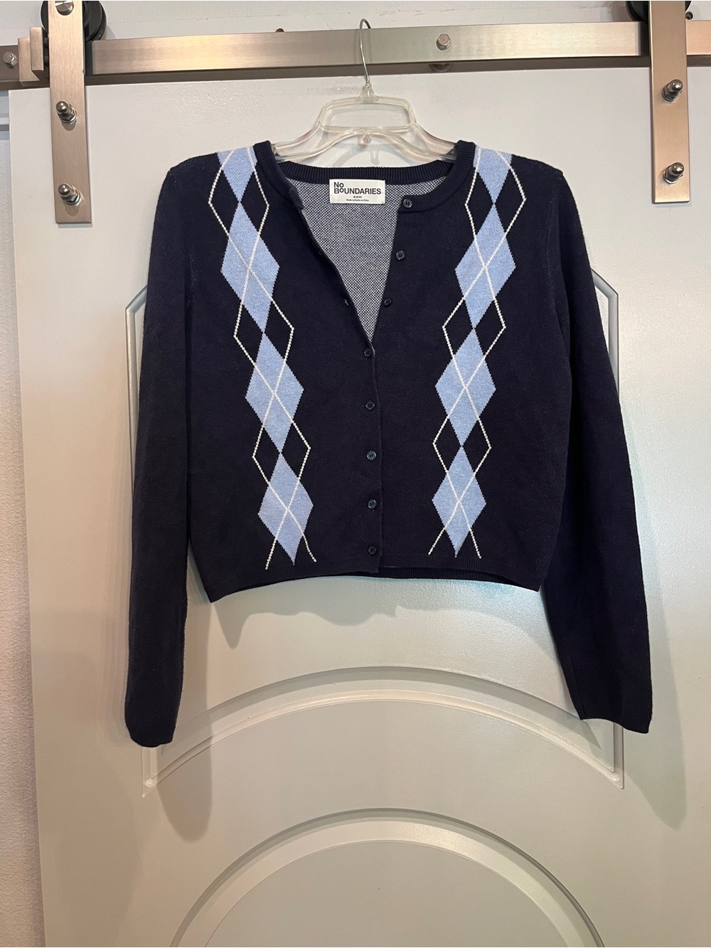 No Boundaries Navy cropped Cardigan with Light Blue Argyle Detail. GUC!